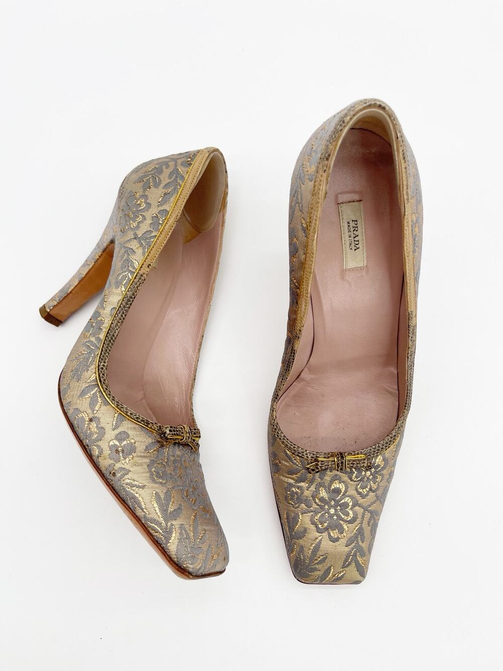 Prada Vintage Retro Gold Floral Brocade Snakeskin Bow Square Toe Pumps IT 38